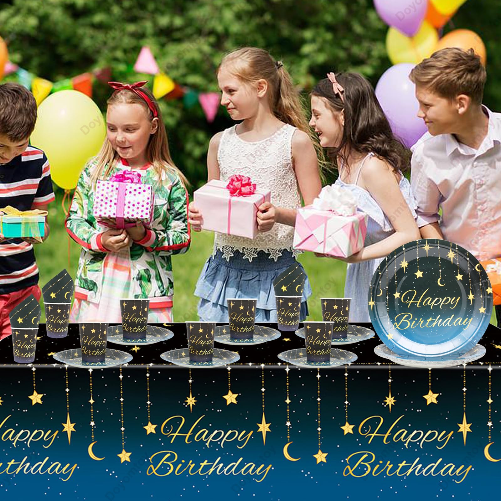 Doyomtoy Tavola per festa galassia spaziale 61pz Space Galaxy Set di Stoviglie Tavola da festa inclusi piatti Tovaglioli Tazze e Tovaglie Decorazioni per feste di Compleanno a Tema Galattico Spaziale