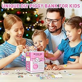 JUNEU Piggy Bank for Kids, 3 4 5 6 7 8 Year Old Girl Toys, Electronic Money Saving Box for Kids, Mini ATM Coin Bank, Birthday Gifts for Girls, Cool Stuff, Ideas, White Elephant Gifts