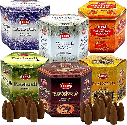HEM - Variedad de conos de incienso de reflujo Paquete grande de 240 conos + 6 tipos Conos de Palo Santo, cono de incienso de lavanda, conos de