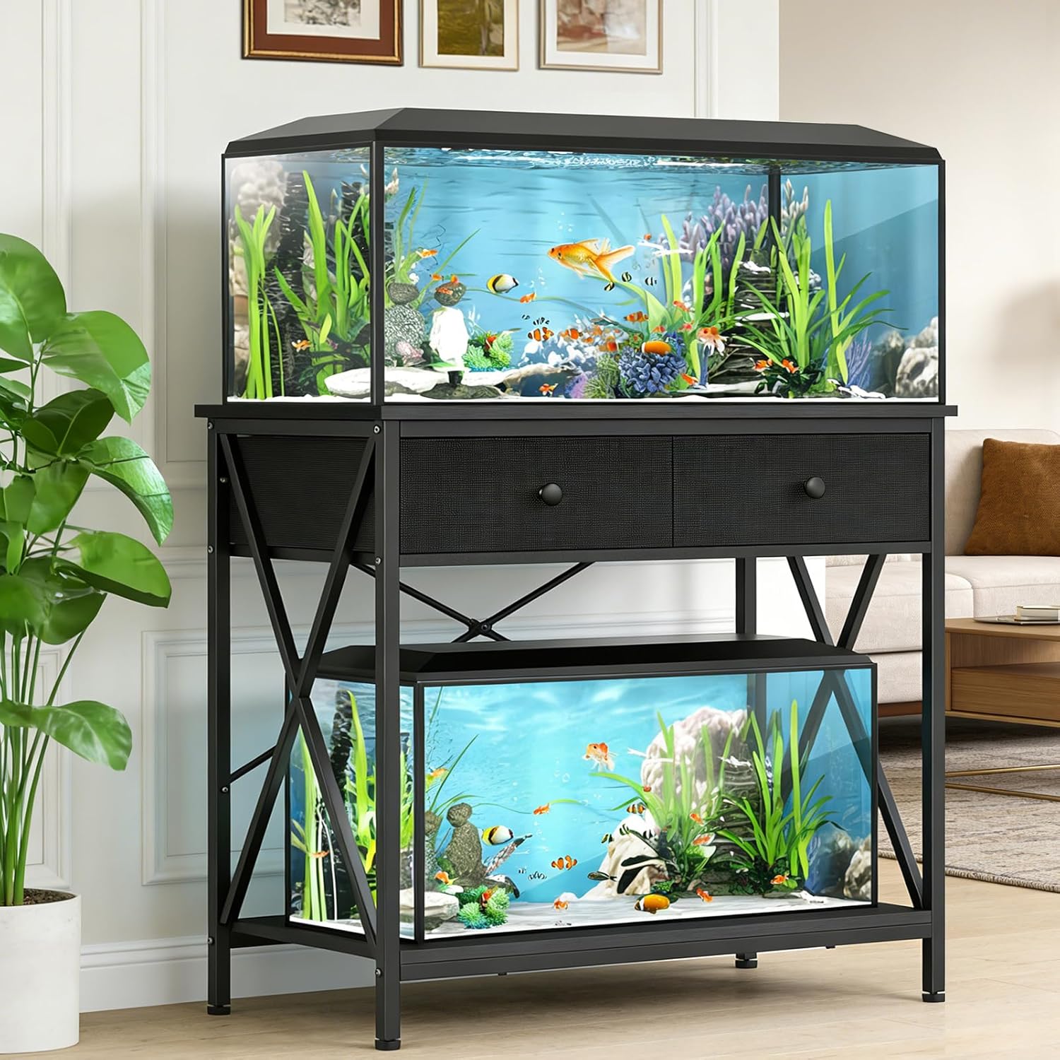 Fish Tank Stand 40 Gallon: Sturdy Aquarium Stand with Accessories Storage - Metal Fish Tank Table for 40-50 Gallon Reptile Breeder Turtle Terrarium - 35"X19.54" Weight Capacity 660 lbs
