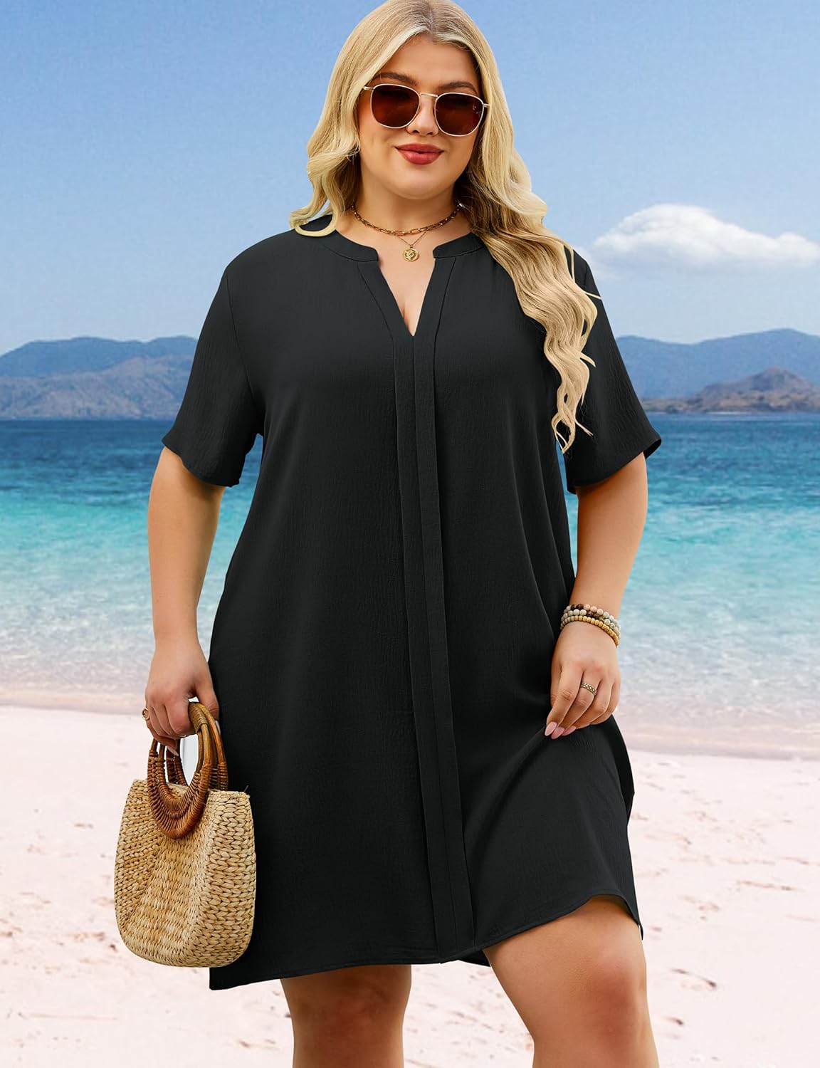 Women's Plus Size Swimsuit Coverup V Neck Short Sleeve Summer Beach Coverups Bathing Suit Cover Up XL-5X