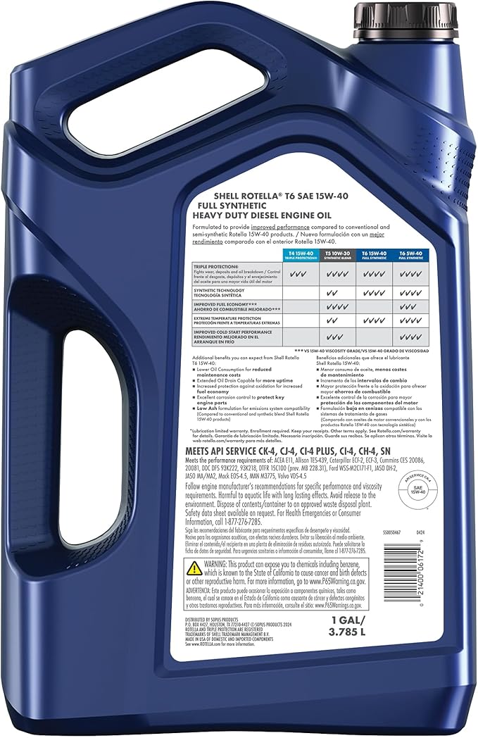 Shell Rotella T6 Sintético 15W-40 Aceite Motor Diésel 1 Galón (3) miniatura 2
