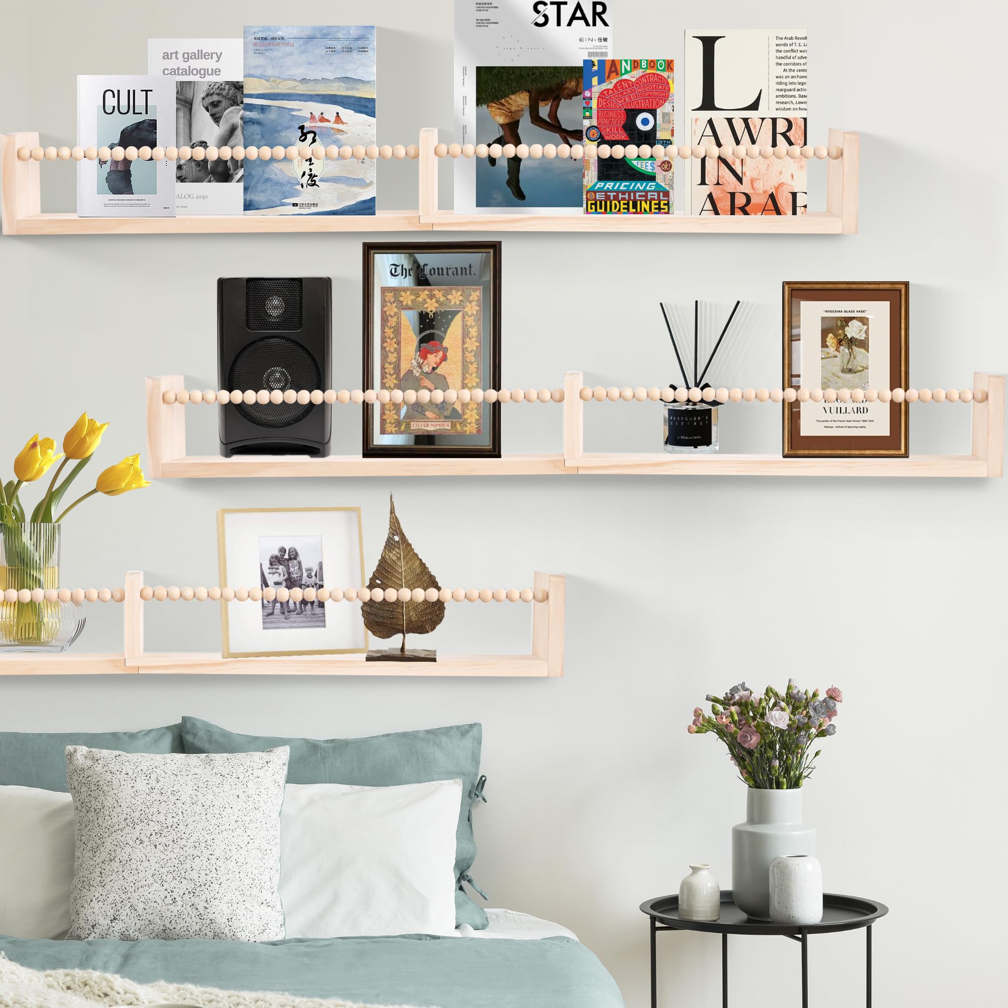 NIUBEST Nursery Shelves for Wall,Kids Bookshelves Set of 2,Floating Bookshelf Baby Book Toy Display Storage Organizer Decor with Wooden Beads Bar,Preassembled,Natural Pine Wood,81.5CM - Image 2