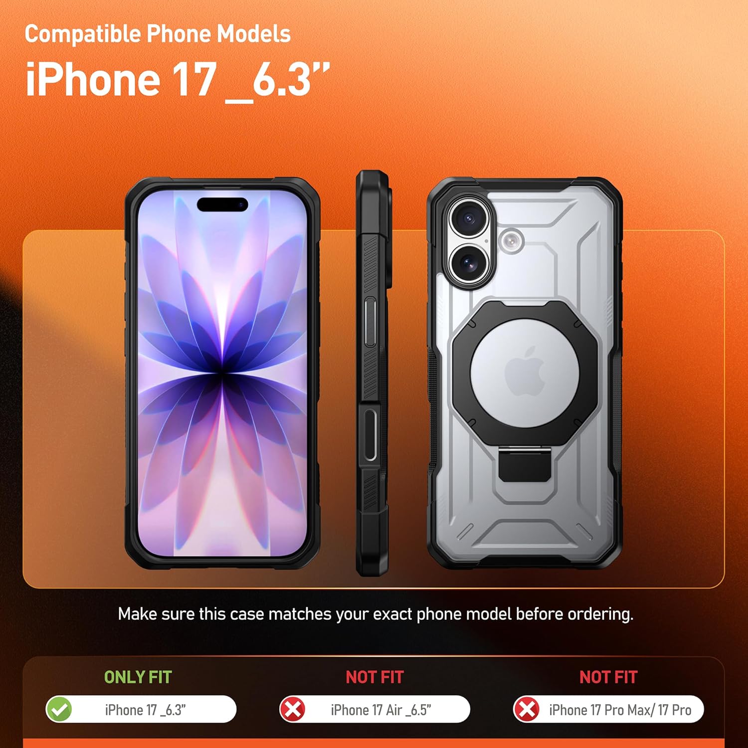 Poetic Spartan Case with Ring Stand for iPhone 17, [Camera Control Button][Magsafe Compatible], Full Body Rugged Shockproof Protective Cover Case, Black/Clear