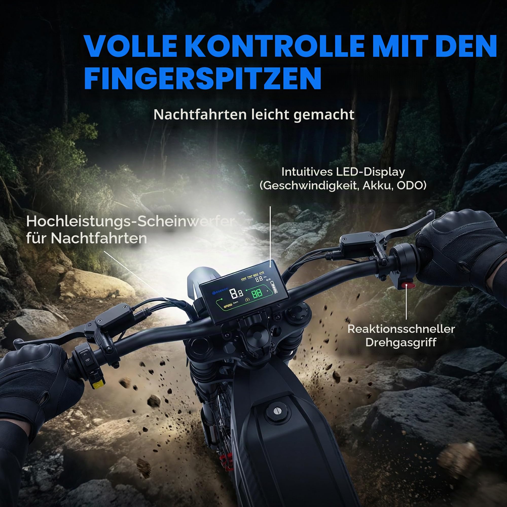 GT600 Elektro-Cross-Bike für Erwachsene, 72 V, 30 Ah Akku, 160 km Reichweite, 43,2 cm (19 Zoll), 43,2 cm (17 Zoll), NFC-Start, Doppelfederung und hydraulische Bremsen