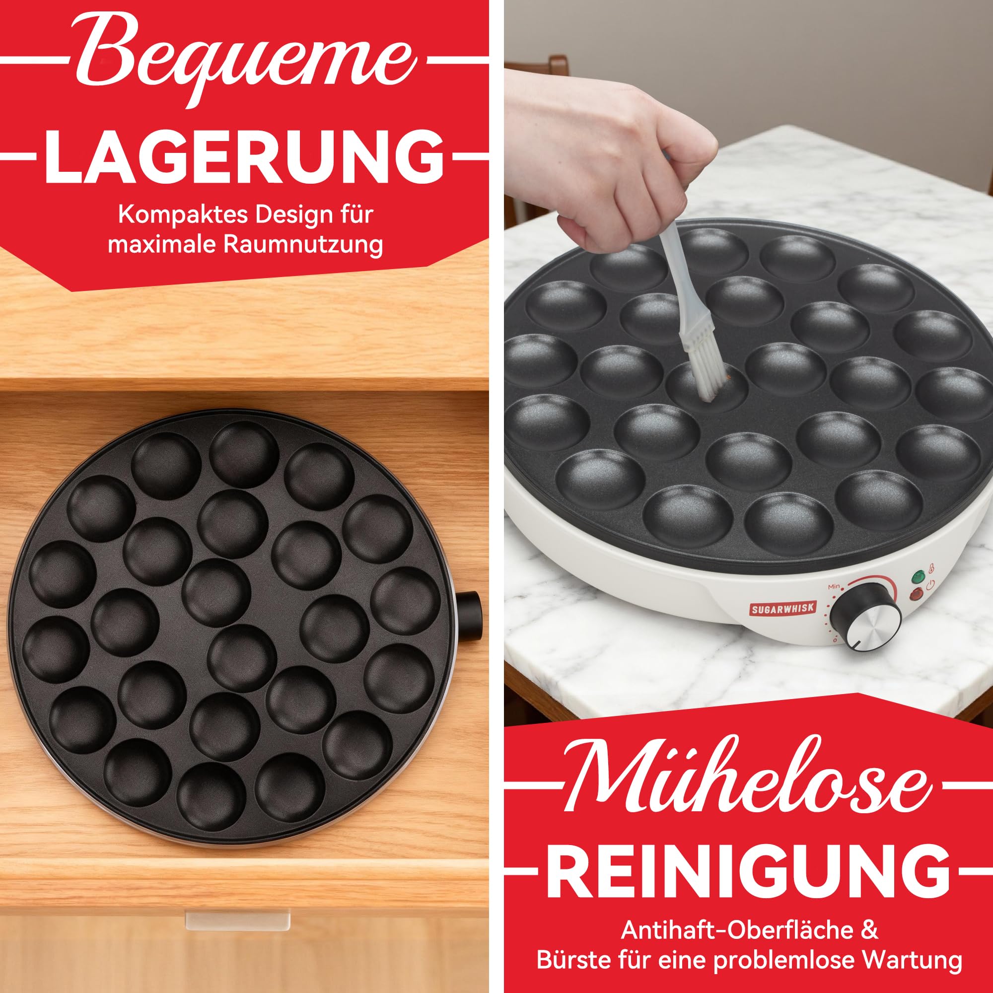 SugarWhisk 24-Fach Mini-Pfannkuchen-Maschine, Elektrische Aebleskiver- und Poffertjes-Herstellungspfanne, Dänische Pfannkuchen-Maschine, Cake-Pop-Hersteller, Holländische Pfannkuchen-Maschine, weiß