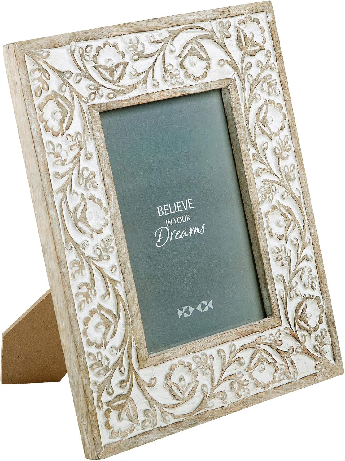 NIKKY HOME Hand Carved Floral 5x7 Picture Frame Rustic Boho Style Mango Wood Design with White Distressed Finish, Natural Wood Color