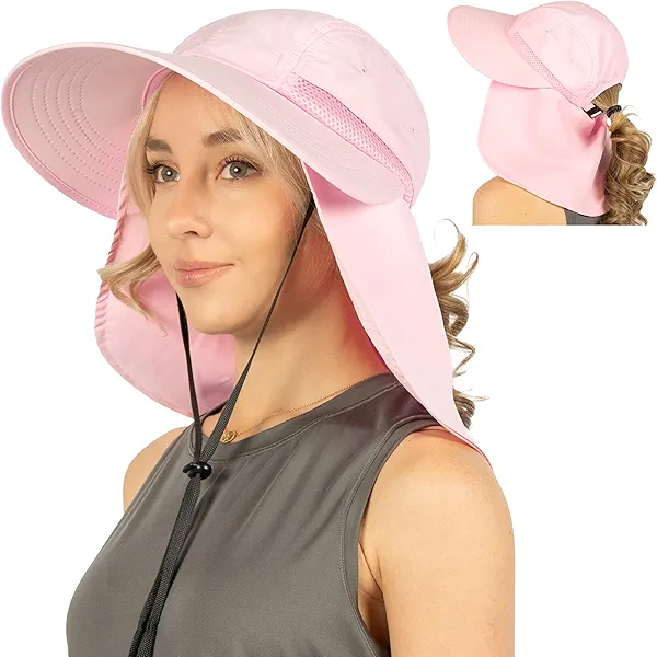 SUN CUBE Sun Hat for Women with Ponytail Hole Neck Flap, Gardening Hat for Women Sun Protection, UV Hats for Hiking Walking Fishing, UPF 50 Sunblock Outdoor Sun Shield Wide Brim Hat, Light Pink