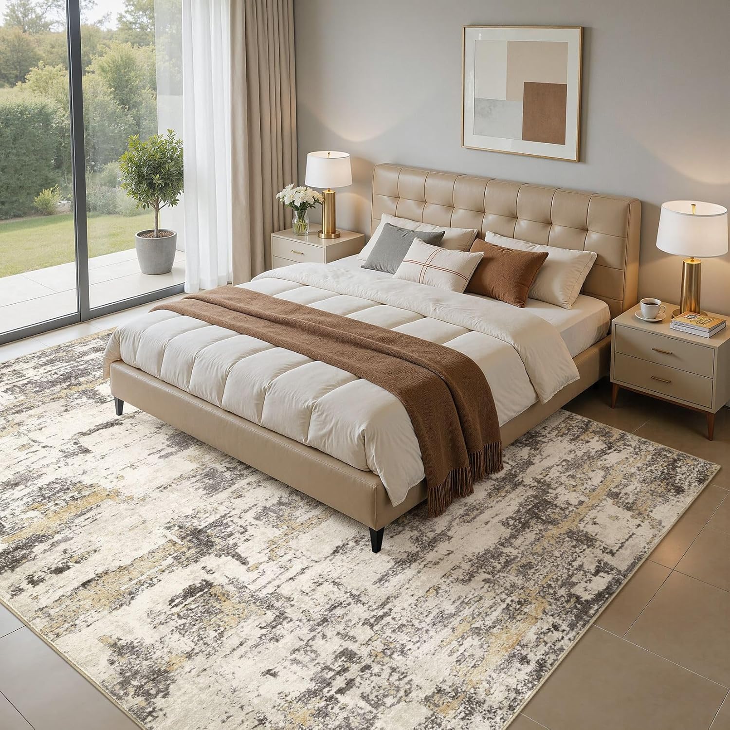 Area Rugs 6x9 Living Room: Washable Large Abstract Modern Neutral Soft Rug Stain Resistant Non-Slip Backing Carpet for Bedroom Dining Room Indoor Nursery Dorm Home Office Decor - Gold Brown