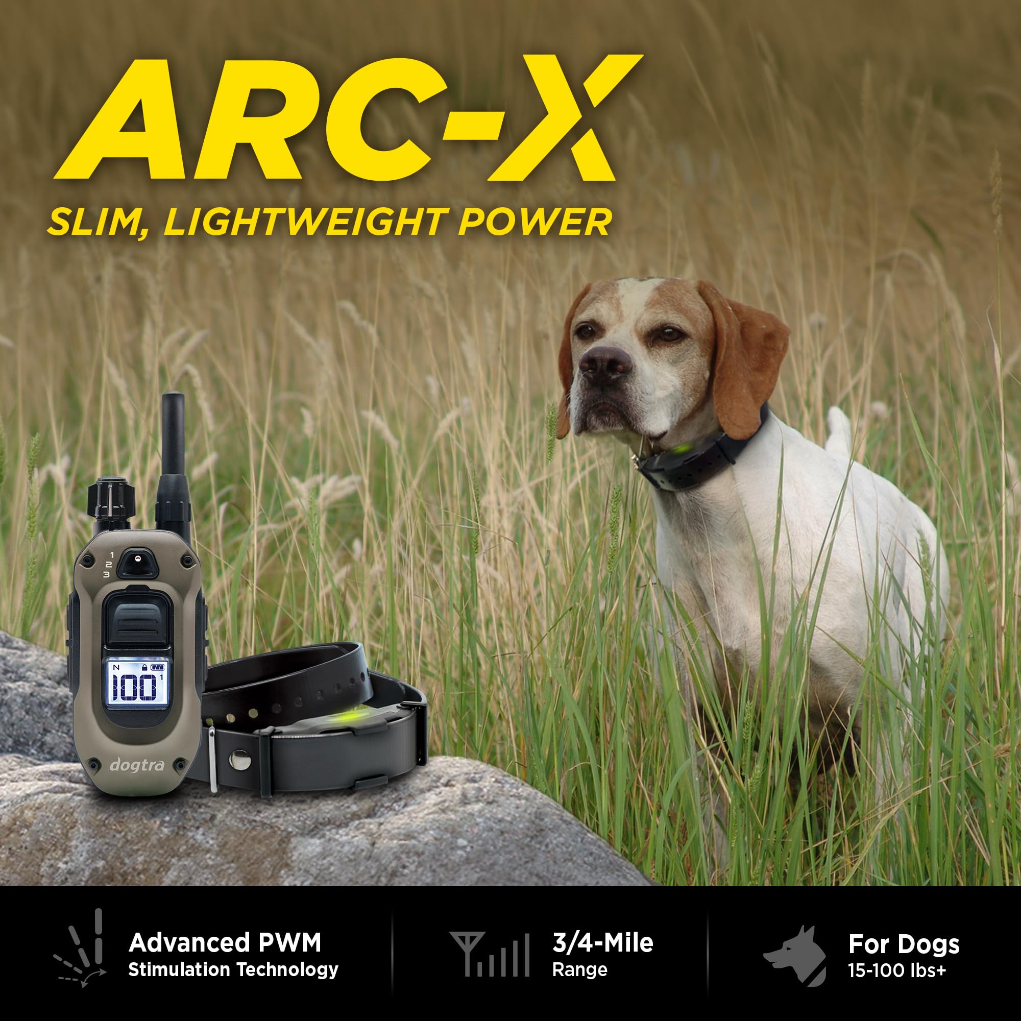 Dogtra ARC-X E-Collar para entrenamiento de perros, rango de 3/4 millas, para perros de 15 libras +, diseño delgado, IPX9K impermeable, 100 niveles de estimulación, vibración, tono, recargable, dueños