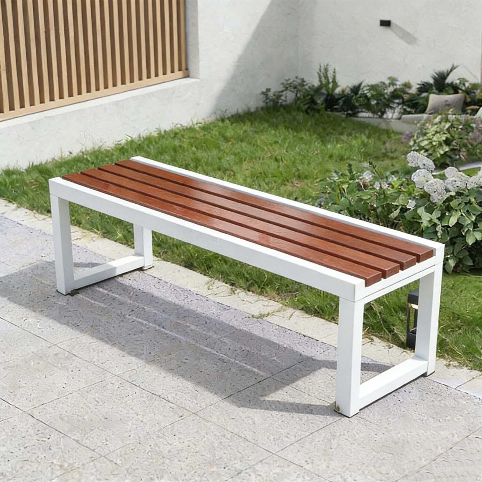Wetterfeste Gartenbank aus Metall, 2-Sitzer, Loveseat für Terrasse, Veranda, Balkon & Park, einfache Montage, rückenfreies Design, Slish Brown, 120 cm, Outdoor-Fell