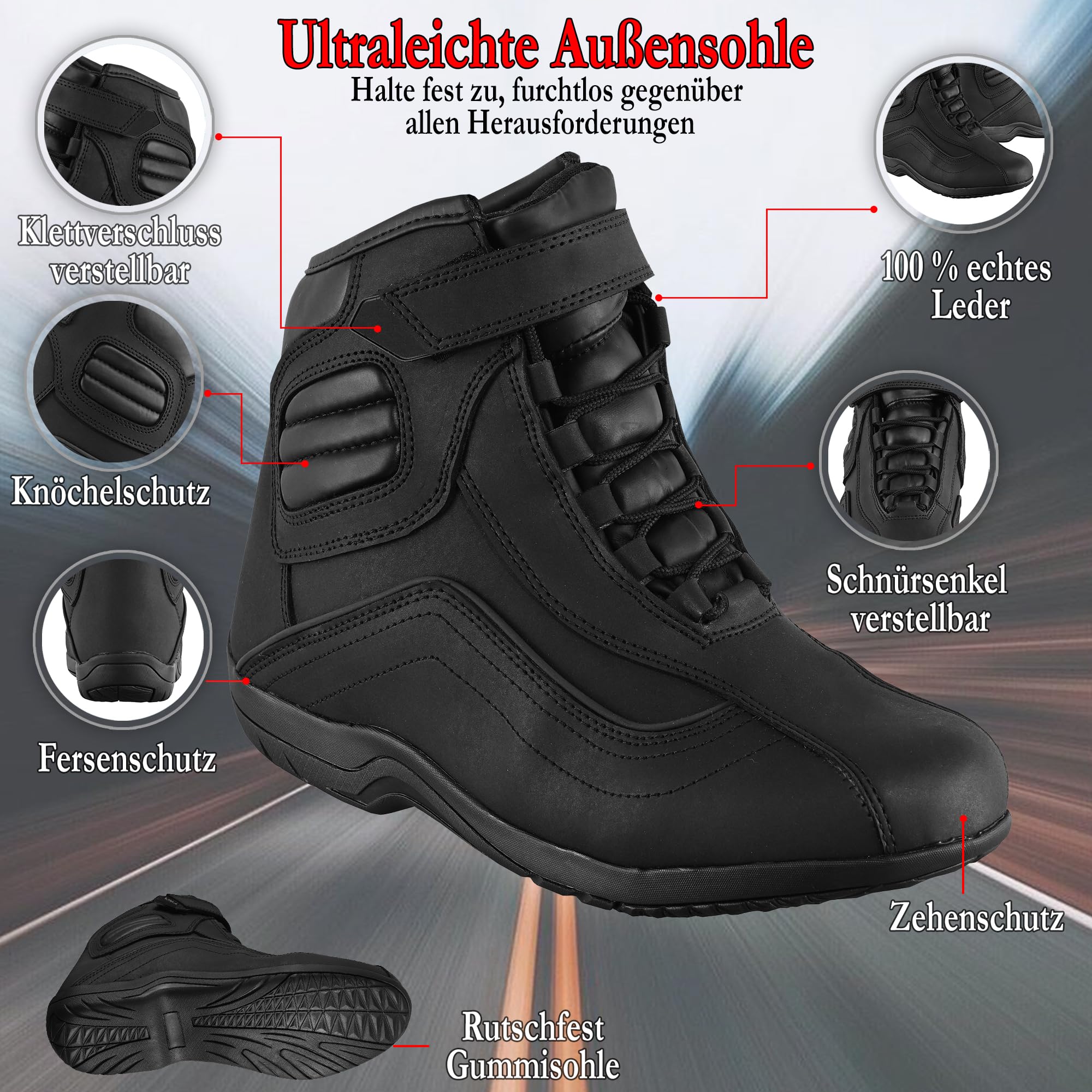 6010 Bottes de moto en cuir pour homme avec semelle en caoutchouc antidérapante et protection CE EN 13634:2017