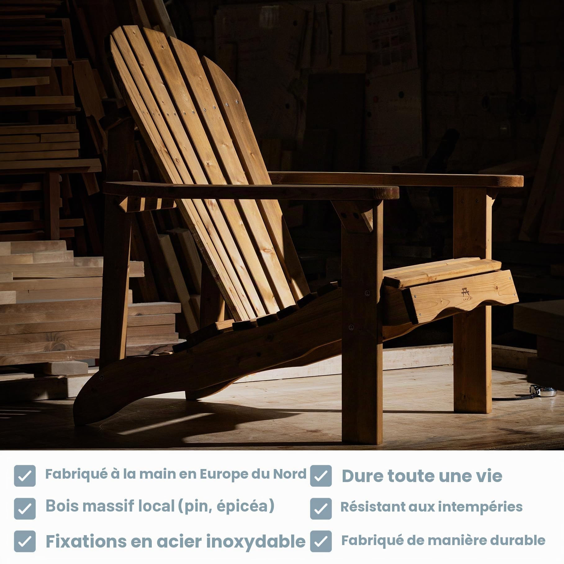 Amata UNGURS Collection Adirondack Chaise Simple en Bois résistante aux intempéries pour Patio, arrière-Cour et Jardin – Ergonomique et Durable – Design Intemporel (Marron)
