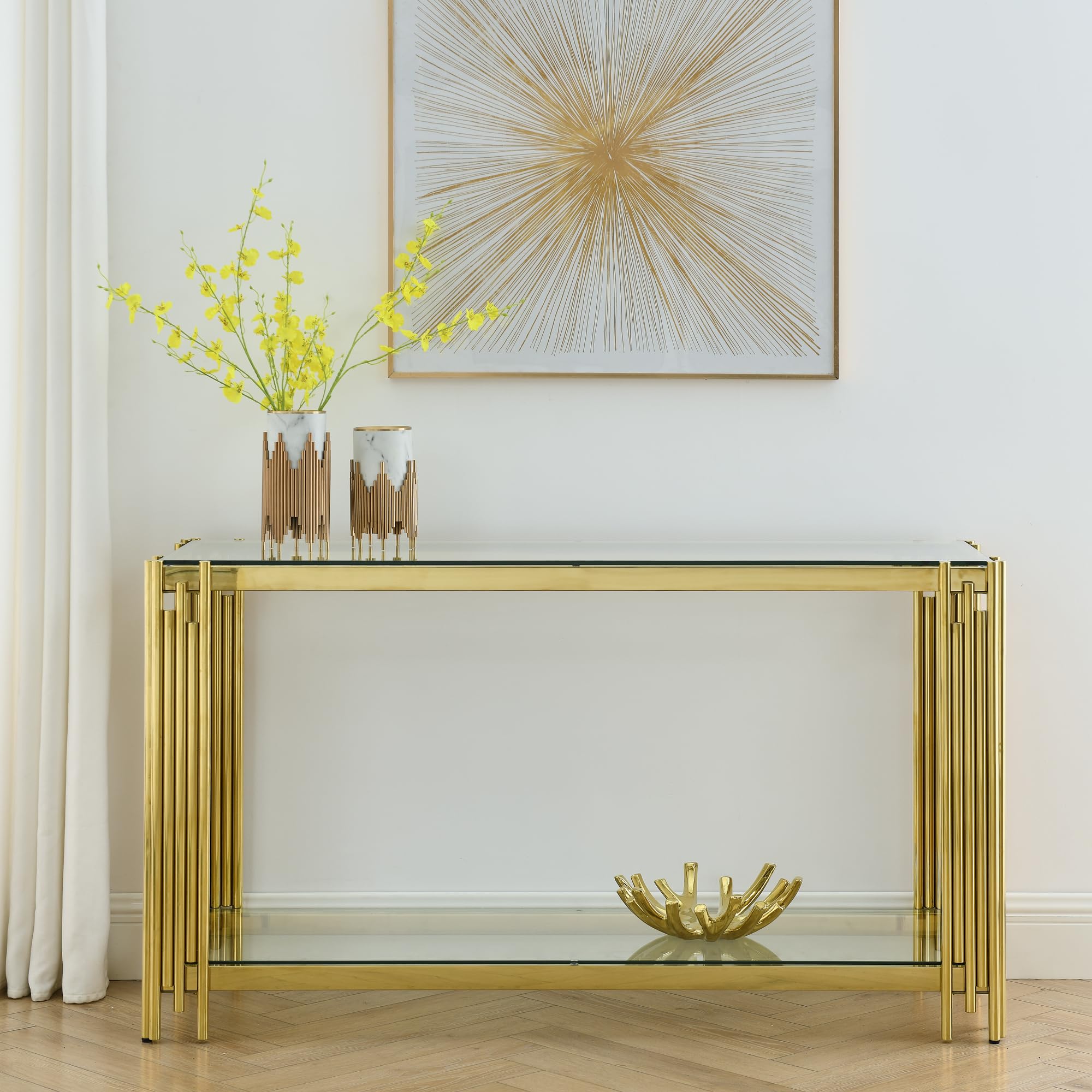 Yoluckea 55" Glass Console Table Sofa Table, Modern 2 Tier Console Table with Tempered Glass Top Golden Mirrored Stainless Steel Legs, Narrow Console
