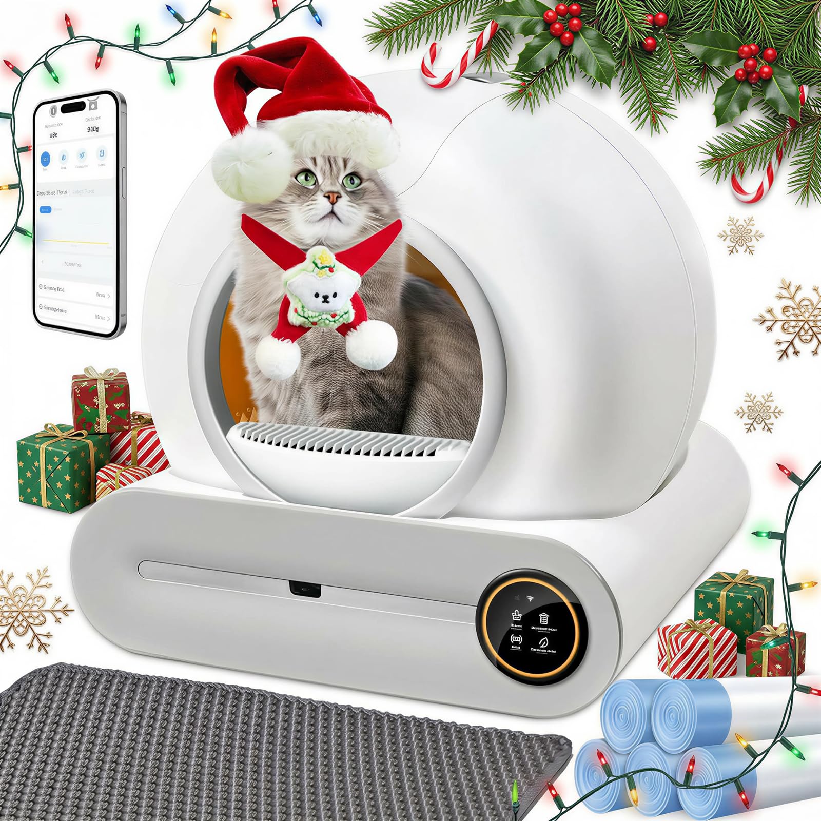 Arenero para Gato Autolimpiable 65L+9L, Arenero Inteligente Automático con Control App, Eliminación de Olores, Incluye 5 Rollos Bolsas Basura y 1 Tapete, para Varios Gatos