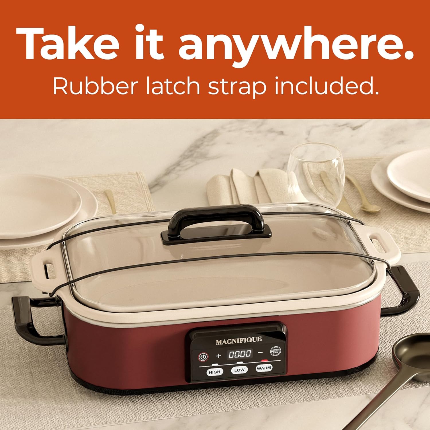 Magnifique 4 Quart Casserole Digital Slow Cooker, Premium Ceramic Bakeware for Oven, Dishwasher Safe Baking Dish, Red