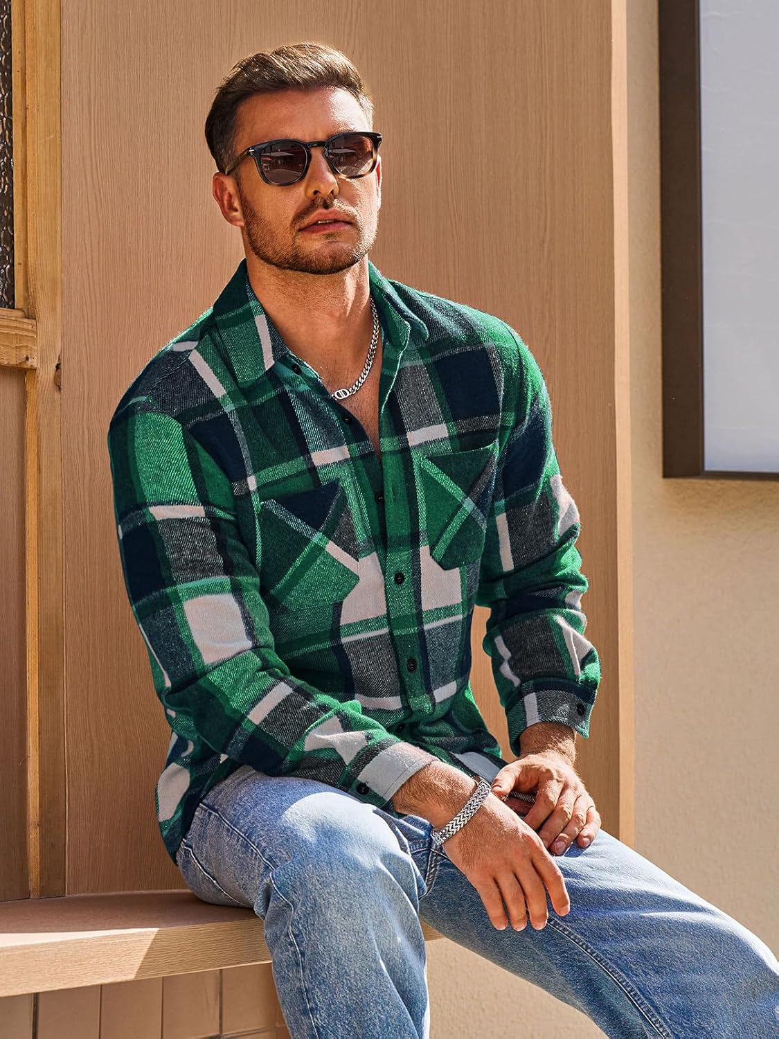 Yousify Mens Flannel Shirts Button Down Long Sleeve Cotton Plaid Shirt Jacket Casual Fall Shackets with Pockets - Image 2