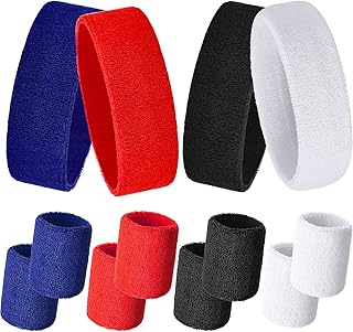 Bememo スウェットバンドセット スポーツヘッドバンドとリストバンド付き スウェットバンド カラフル スウェットバンドセット 男女兼用 (ブラック、ホワイト、レッド、ダークブルー) 12ピース