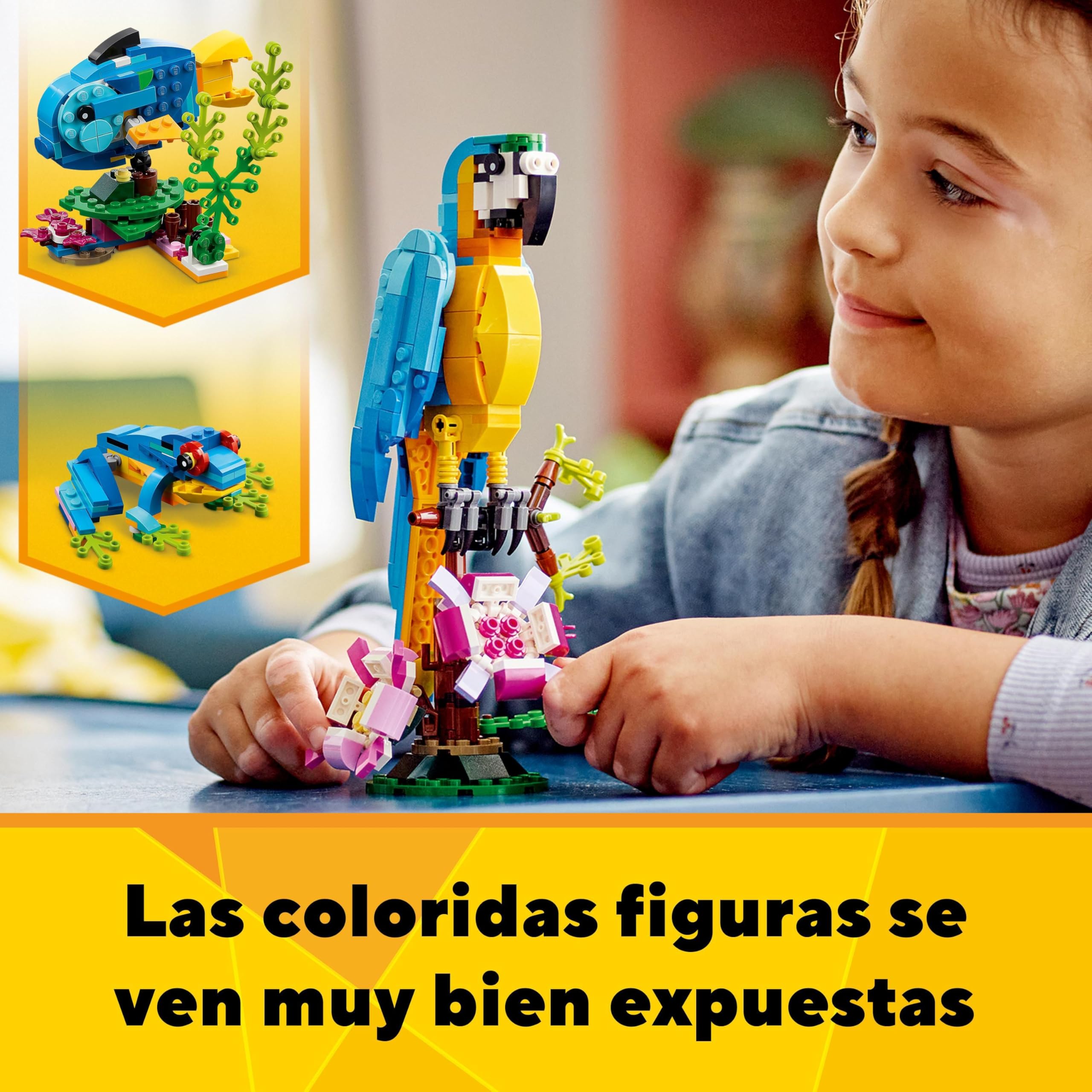LEGO Creator 3 en 1 Loro Exótico, Pez o Rana, Figuras de Animales de Juguete para Construir, Regalo para Niños y Niñas de 7 Años o Más, Juego Creativo 31136