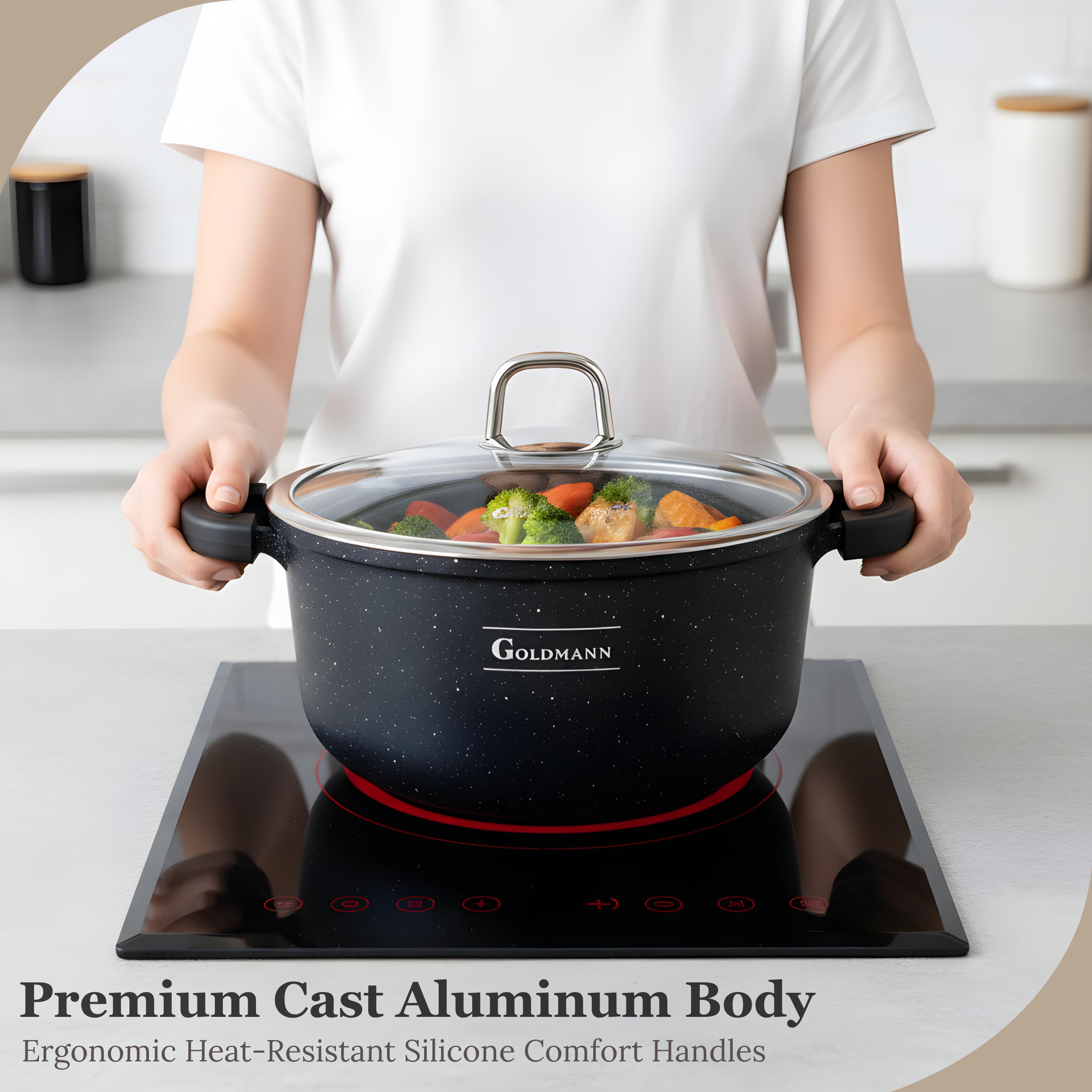 GOLDMANN Pentola da 28 CM con Coperchio in Vetro, 6.5L in Alluminio Pressofuso, Rivestimento Antiaderente in Marmo Ceramico, Adatta a Tutti i Piani Cottura, Senza PFOA/PFAS