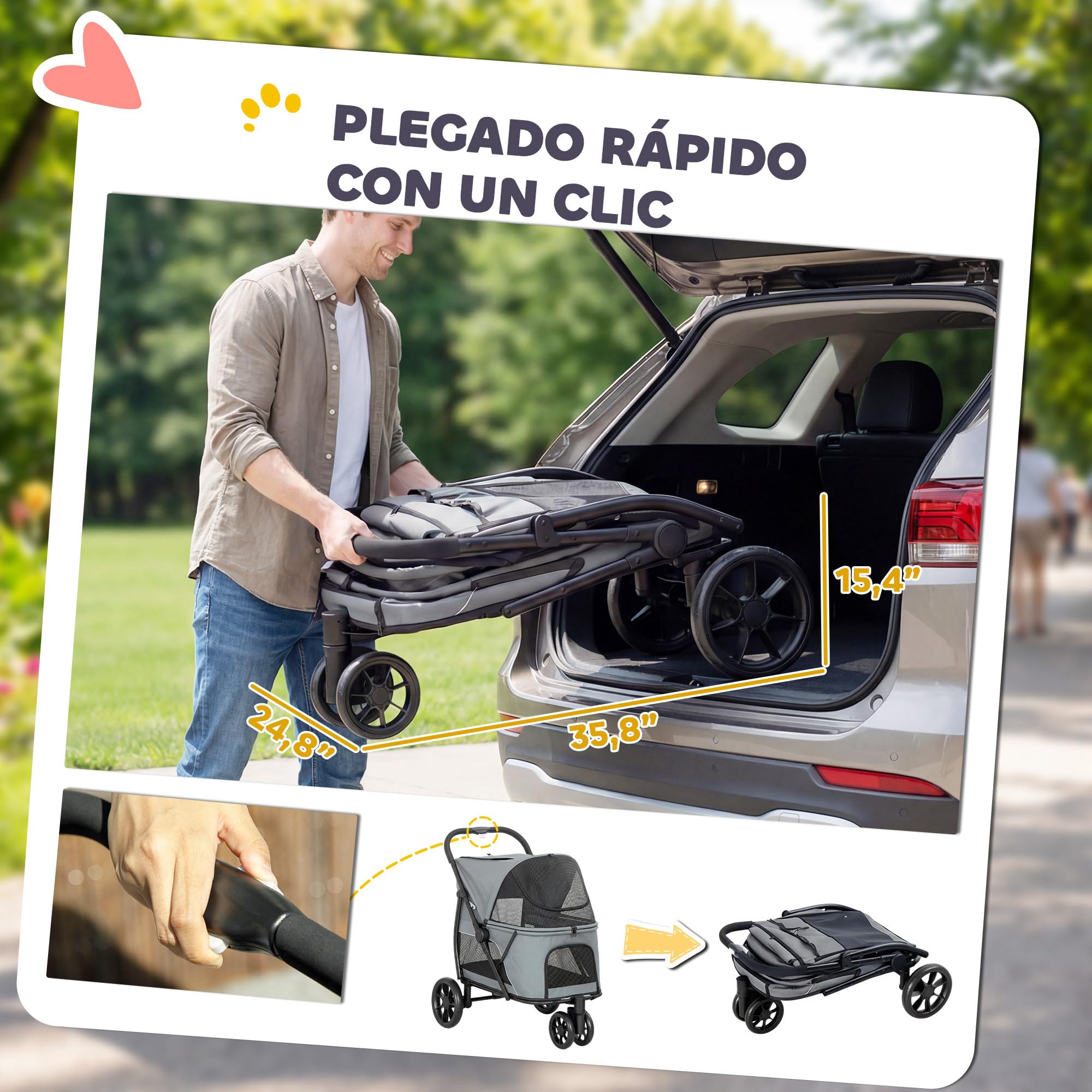 PawHut Carrito para Perros Plegable, Cochecito para Perros Medianos con 3 Ruedas, Ventanas de Malla, Cojín Lavable, Bolsillo, Correas de Seguridad, Frenos, Todo Terreno, Carga 20 kg, 92x63x95 cm, Gris