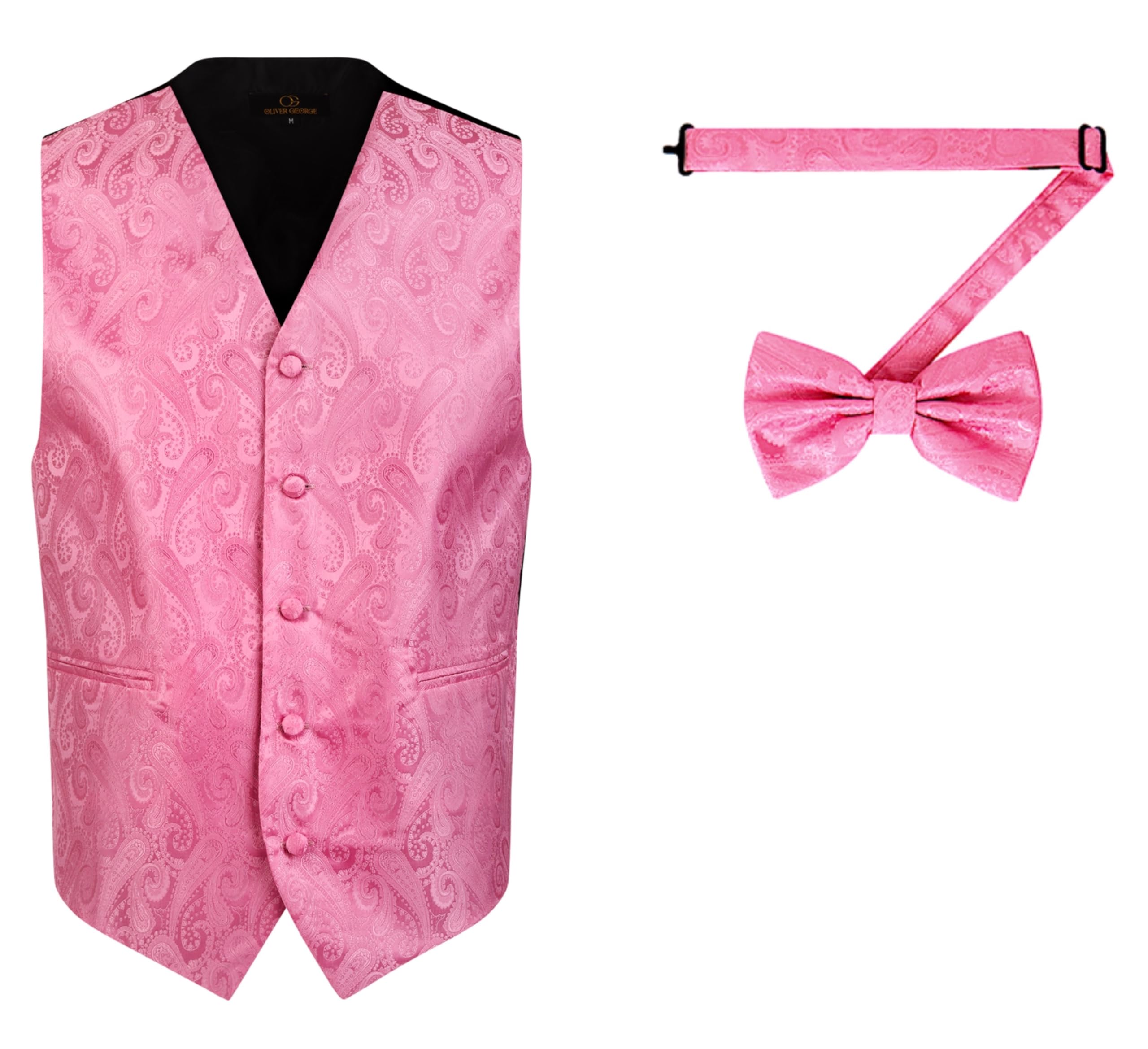 Oliver George Men's Pink 2Pc Paisley Formal Suit Vest Waistcoat Tuxedo Dress Vest Bowtie Set For Suit Or Tuxedo, X-Large