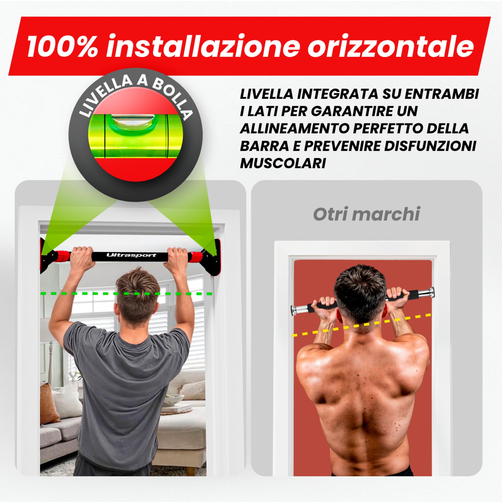 Ultrasport Barra per trazioni, barra per porta, regolabile da 66,5 cm a 93 cm, senza viti, antiscivolo, presa sicura, maniglie in schiuma