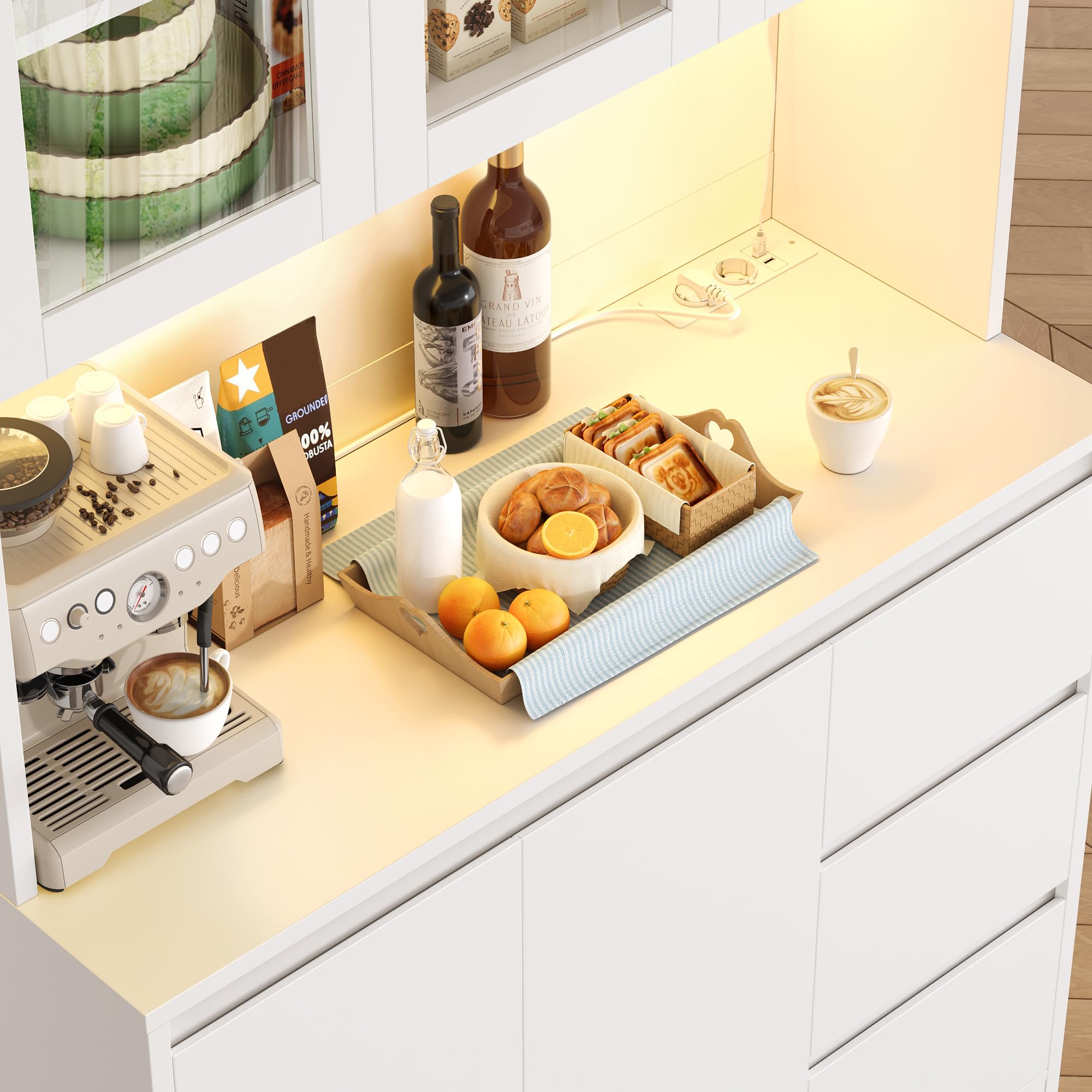 FirFurd 180 cm Küchenschrank Buffetschrank mit LED & Steckdosenleiste Vorratsschrank mit verstellbaren Einlegeböden Küchenschrank mit Arbeitsplatte Sideboard für Küche, Esszimmer 180x100x38,5 cm Weiß