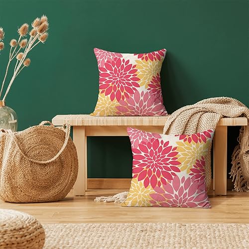Miniatura 2 de Fundas de Almohada Decorativas Preppy de 20x20 Pulgadas, Juego de 2, Decoración Floral de Dalia Rosa y Amarilla, Almohadas Decorativas de Verano con