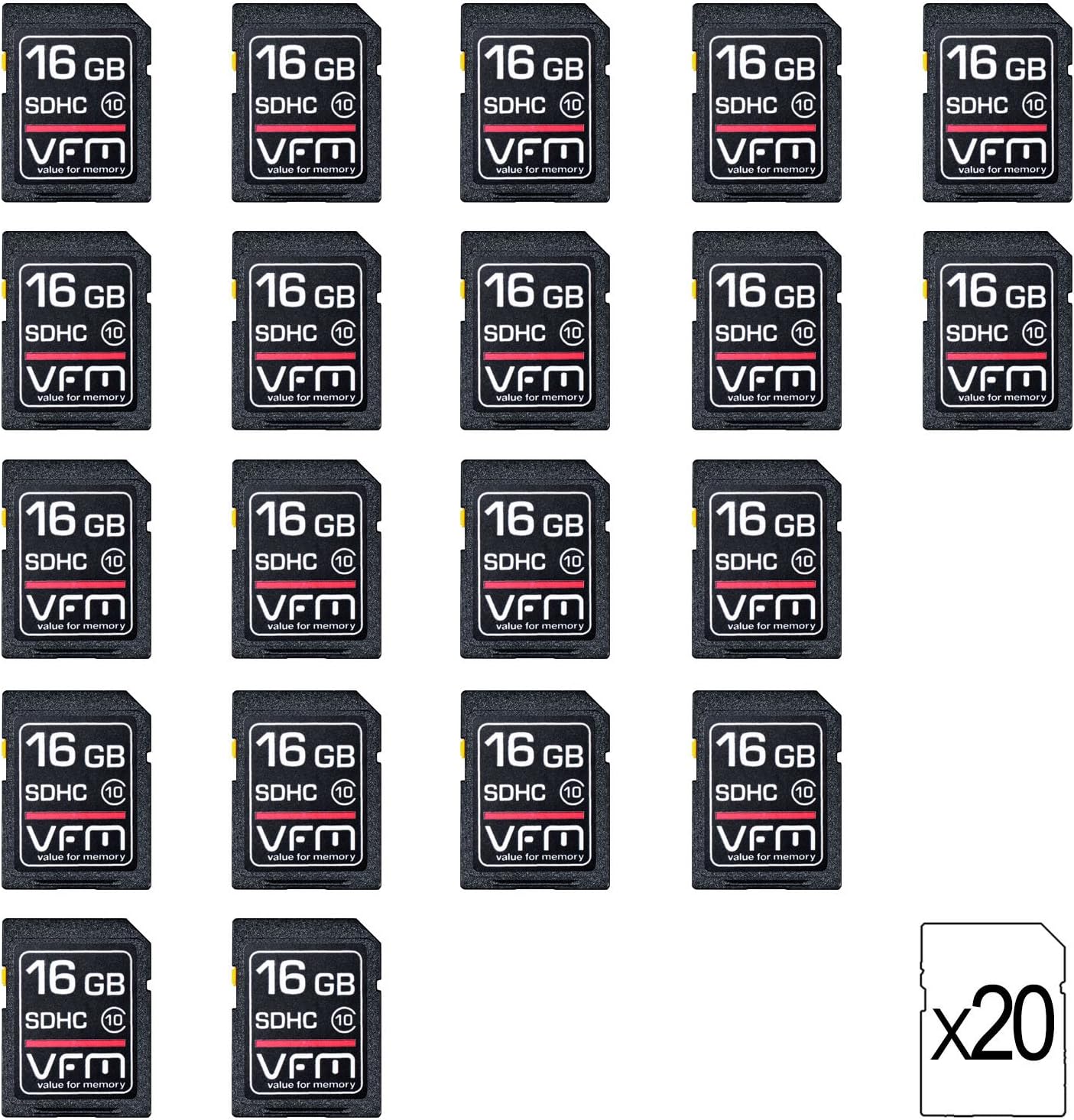 VFM 16gb Class 10 SD Memory Card (Pack of 20) with FREE case. Multi 16 gb SD Card pack (value x 20) for SDHC devices for schools, offices, trade, colleges, education, retail, business, company and home use. Suitable for Raspberry Pi models A and B only. Bulk buy SDcards as a multi-pack deal supplied with our exclusive offer of a free holder. Safe, storage value for your digital camera such as Sony Cybershot, Nikon Coolpix, Canon Powershot, Lumix, Fujifilm Finepix and Kodak Easyshare.