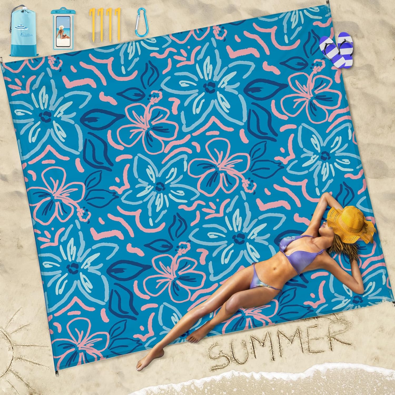 Famstar Beach Blanket Sandproof Waterproof 78''×110'' 1-7Adults Oversized,Compact Lightweight Durable Beach Mat for Travel Camping Hiking Picnic Blanket