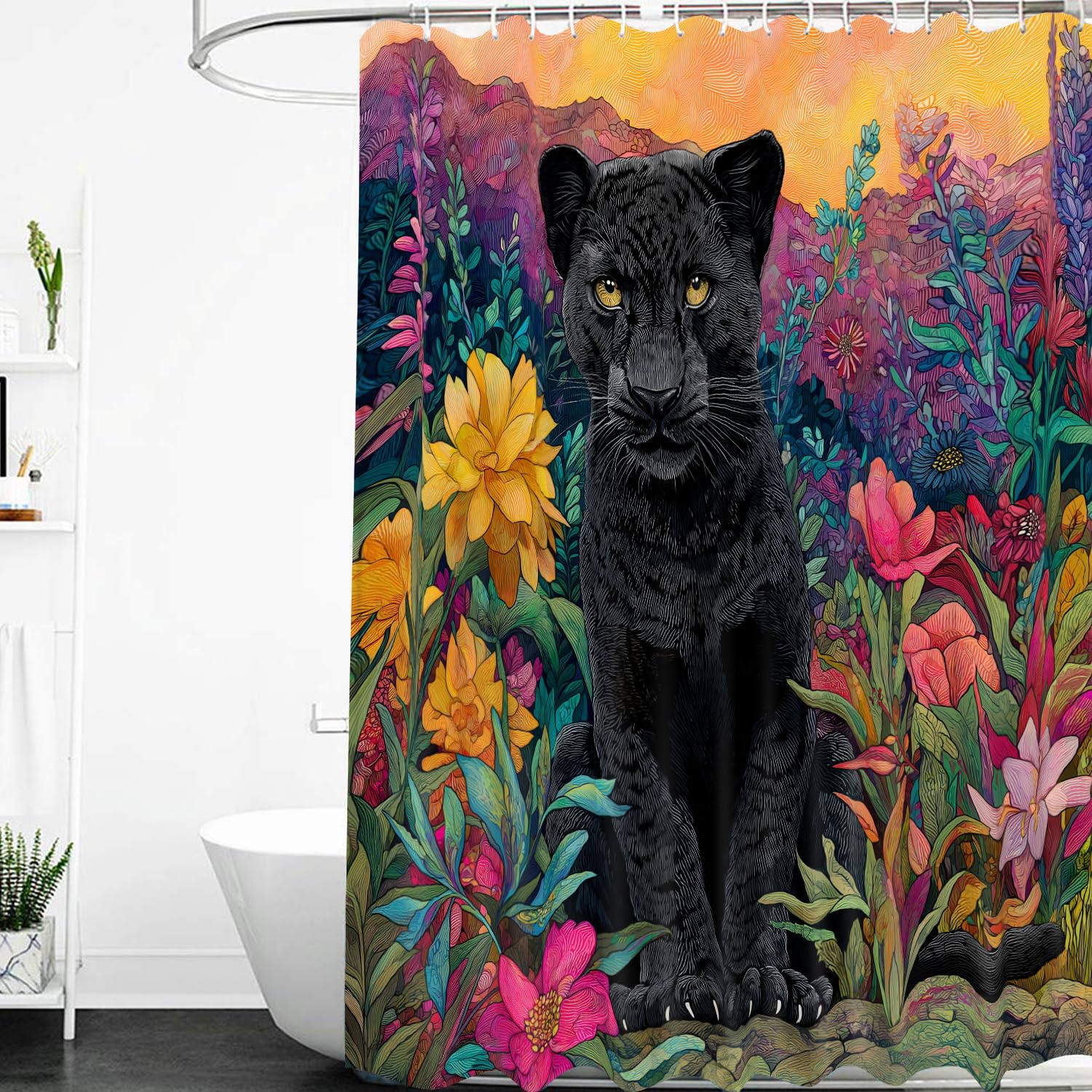 Schwarzer Leoparden-Duschvorhang 200x200 – Gelbe und Rosa Blumen, Wildtier Geparden Print, Badewannenvorhang Set für Badezimmer, Nasszelle, Wasserdichter Stoff mit Haken, B200 x H200 cm (1Er Pack)