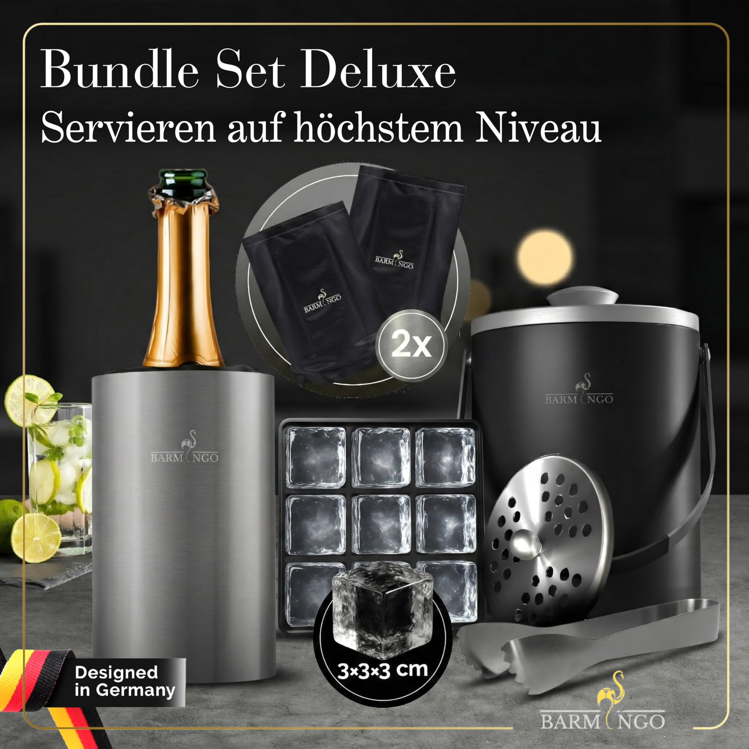 SPAR-SET: Eiswürfelbehälter & Weinkühler Set | 2l Eisbehälter Set mit Sieb, Eiswürfelform, Zange | Sektkühler Edelstahl mit 2 Kühlakkus
