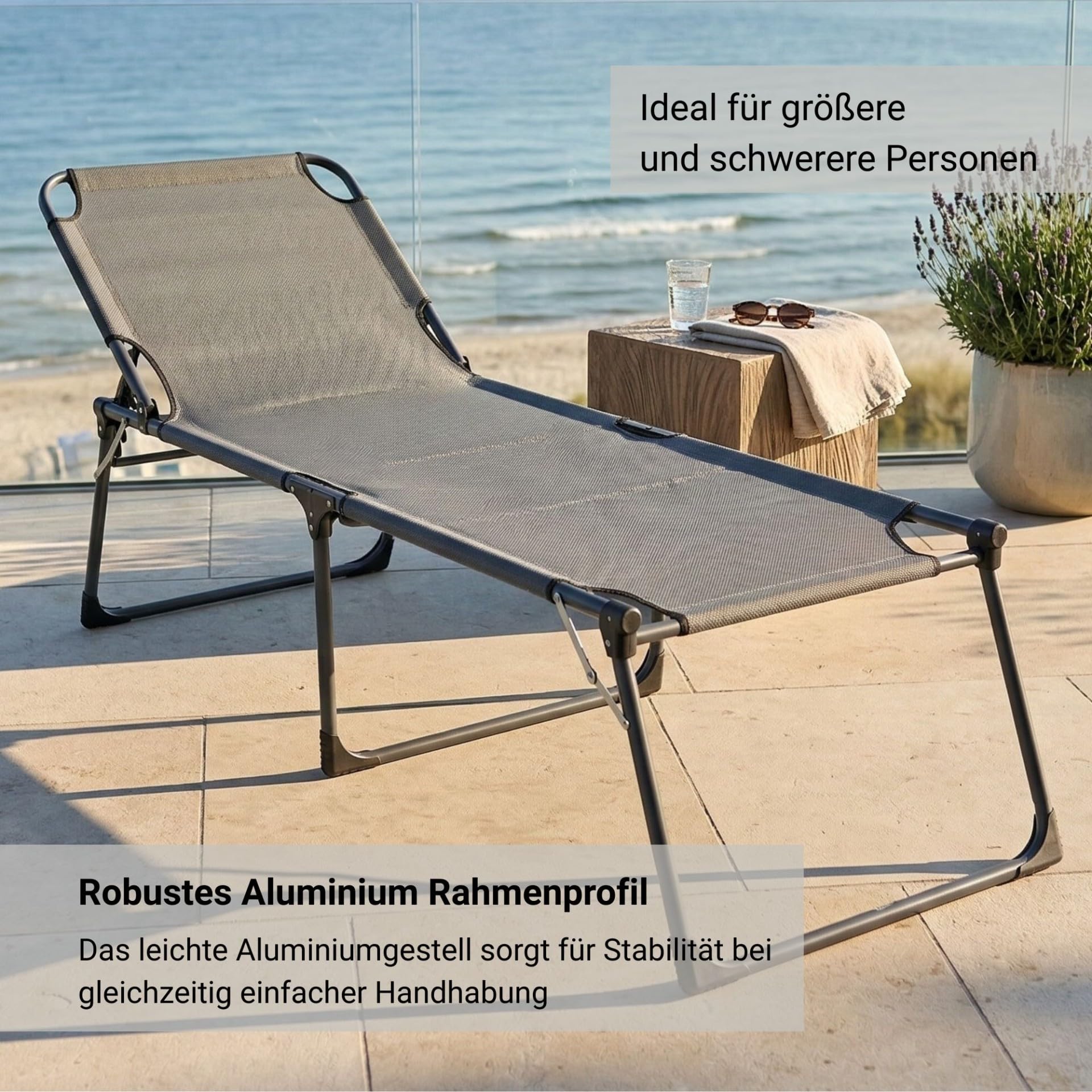 hausratplus Sonnenliege XXL Dreibeinliege Soft Touch 3D gepolstert | Abmessungen: 215 x 70 x 50/90 cm (L x B x H) 130 kg Tragkraft | 4-Fach verstellbares Kopfteil | zusammenklappbar anthrazit/grau