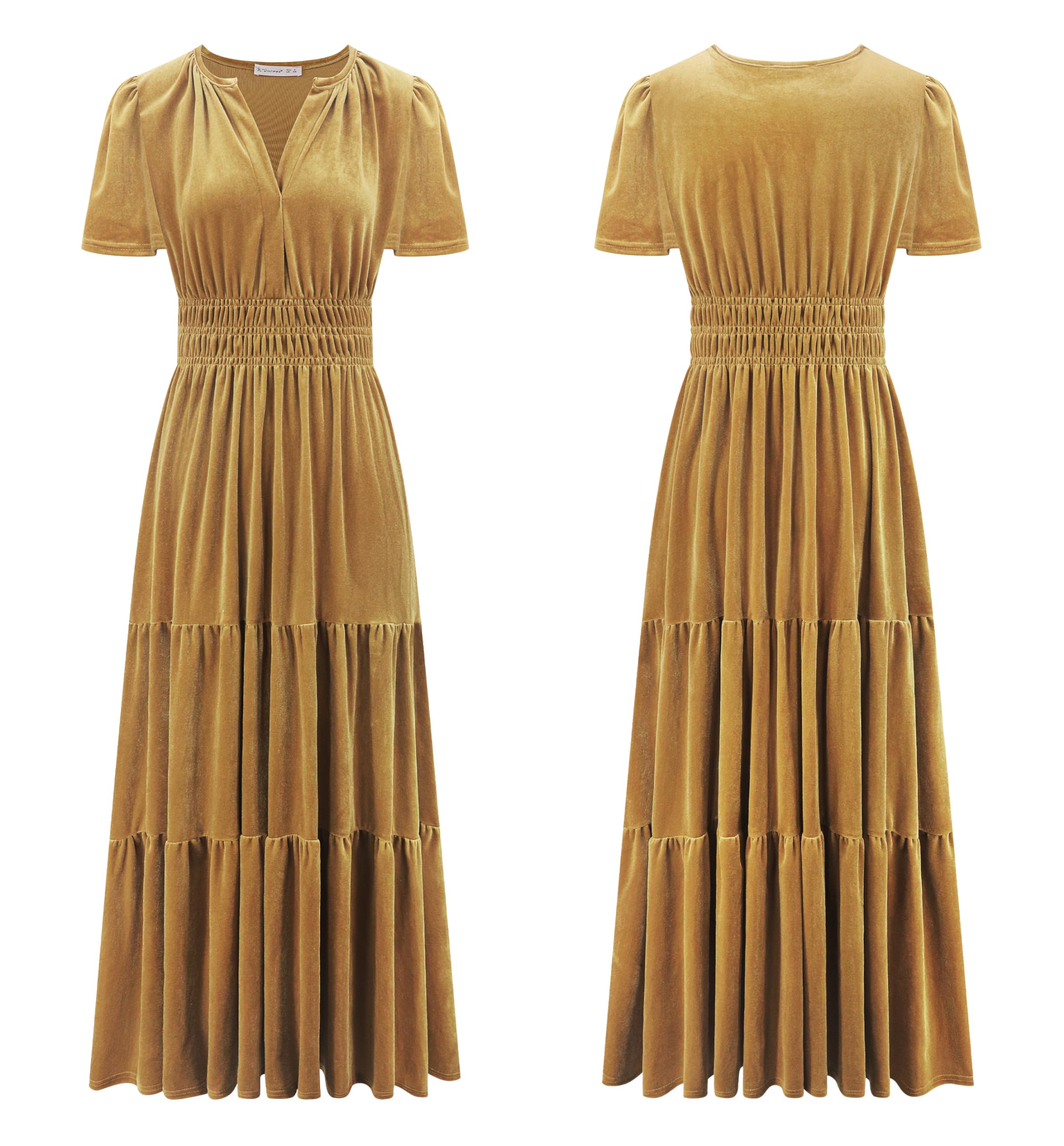 R.Vivimos Automne Hiver Femmes Velours Maxi Robe Manches Courtes V Col en échelons Ruffle Une Ligne Robe Vintage