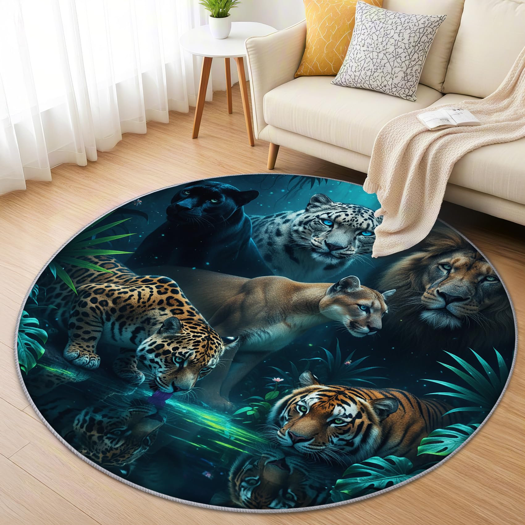 Wilde Tiere Teppich Rund 120cm Kurzflor - Waschbare Teppiche Wohnzimmer Tiger Leopard Löwe Panther Tiermotiv - Runder Teppich 120 Durchmesser Kinderzimmer - Bettvorleger rutschfest Weich