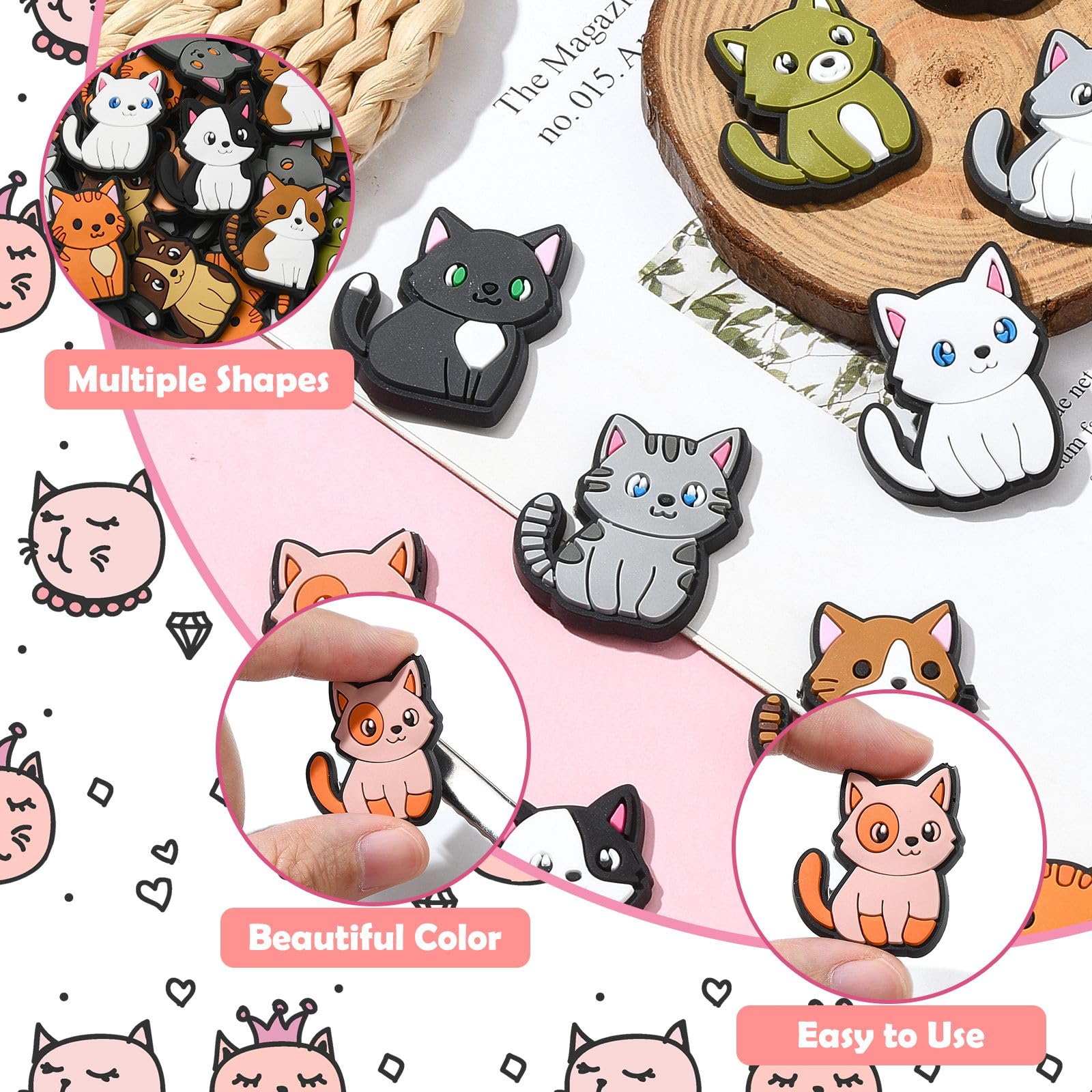 UR URLIFEHALL 60 Pcs 15 Styles Cat PVC Plastic Cabochons Flatback Cute Pet Animal Embellishments for Crafting Hairclip Scrapbooking Shoe Ornaments - Image 3