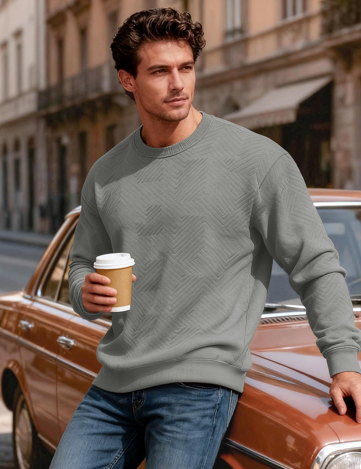 MAGCOMSEN Mens Crewneck Sweatshirts Long Sleeve Geometric Textured Pullover Shirts Winter Fall Casual Soft Sweatshirt