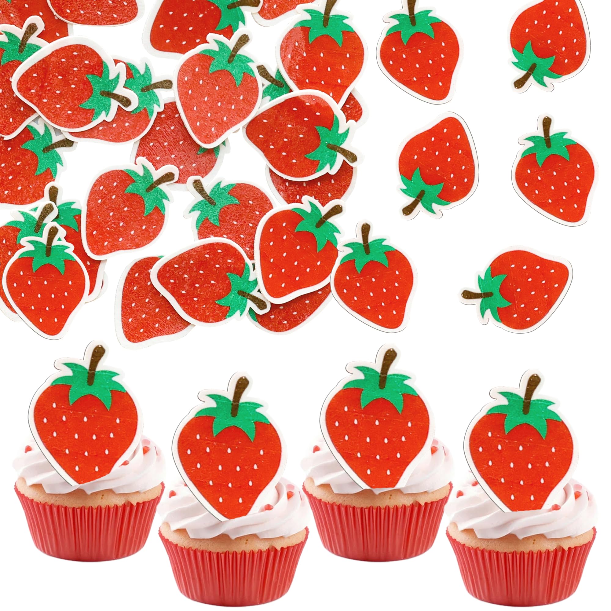 Ephlyn 50Pcs Edible Strawberry Cupcake Toppers Wafer Paper Strawberry Birthday Cake Decoration Sweet Berry Strawberry Happy Birthday Cupcake Picks for