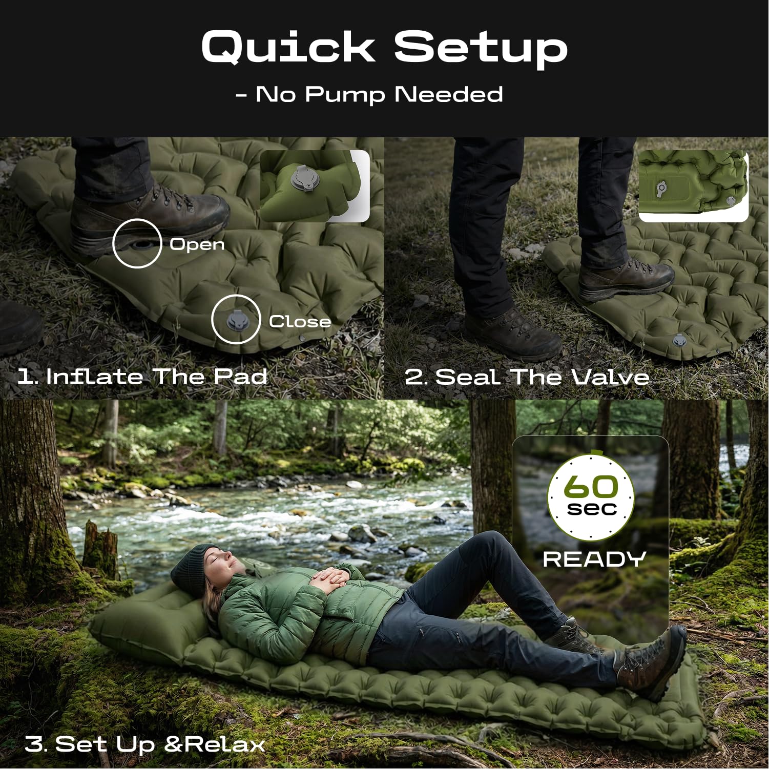 CKG Colchoneta de dormir para camping con bomba de pie de inflado rápido, resistente al agua, ultraligera, verde