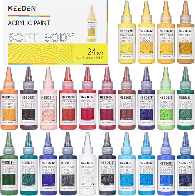 MEEDEN Ensemble de peintures acryliques pour le corps doux: Finition mat 24 Couleurs x 60ml/2oz Peintures acryliques fluides pour peinture d'art sur toile bois & Verre pour les étudiants Adultes Artistes