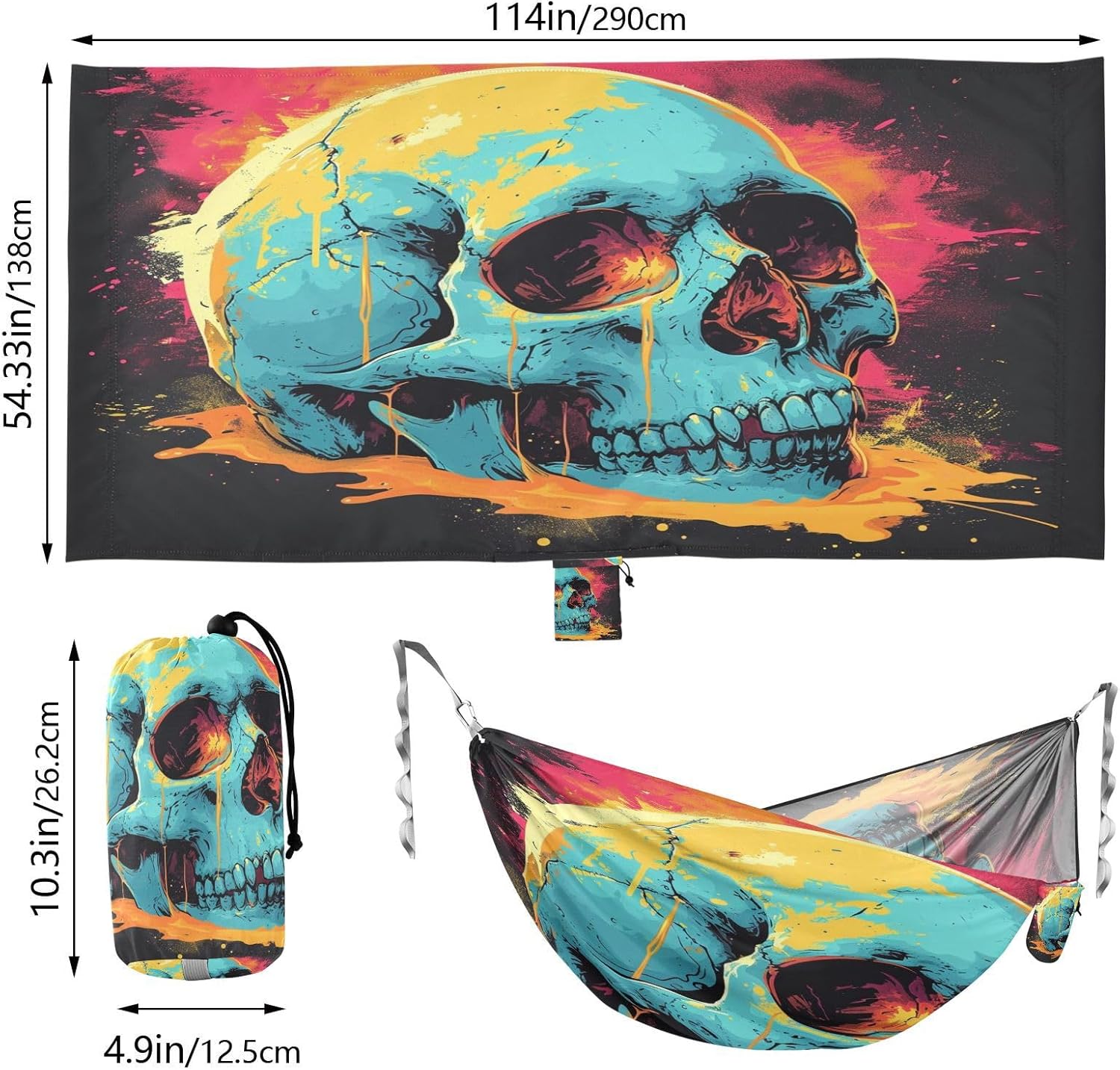 ALAZA Skull Head Art Camping Hammocks Single or 2 Person 500 lbs Portable Parachute Travel Hammock w/Tree Straps for Hiking Backpacking Indoor Outdoor