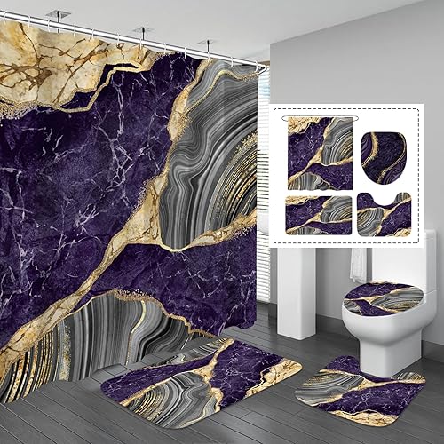 Gibelle Juego de 4 cortinas de ducha de mármol con alfombras antideslizantes, cubierta para tapa de inodoro y tapete de baño, juego de decoración de