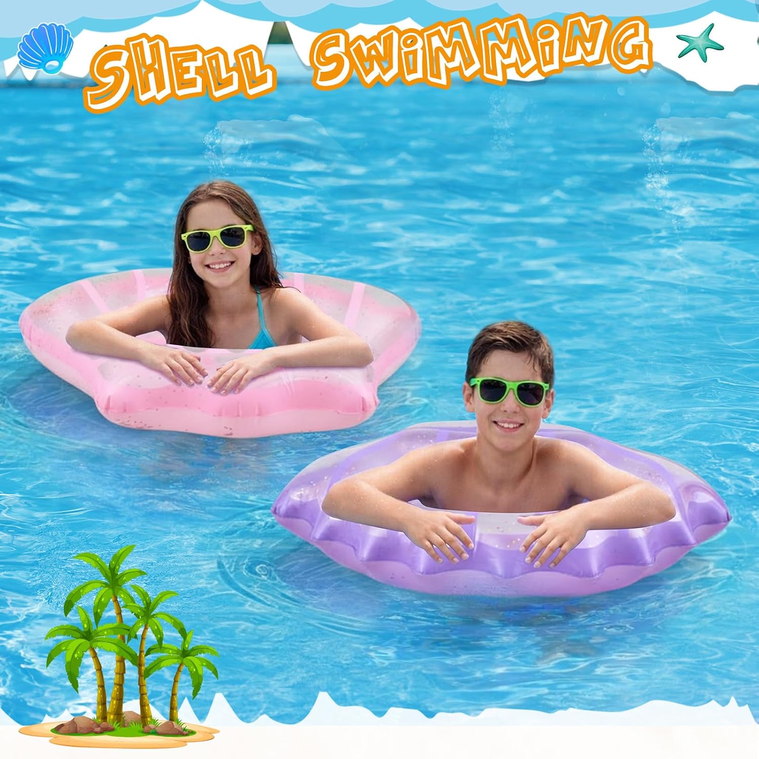 2 Pack Shell Swim Rings for Kids Inflatable Mermaid Seashell Pool Float Children Swimming Floatie Glitter Confetti Swim Tube Summer Beach Party Decorations for Kids Toddlers Teens