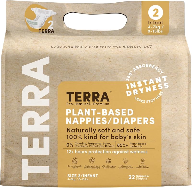 Terra Diapers Size 2: 85% Plant-Based Diapers, Ultra-Soft & Chemical-Free for Sensitive Skin, Superior Absorbency for Day or Nighttime Diapers, Designed for Babies 8-15 Pounds, 22 Count