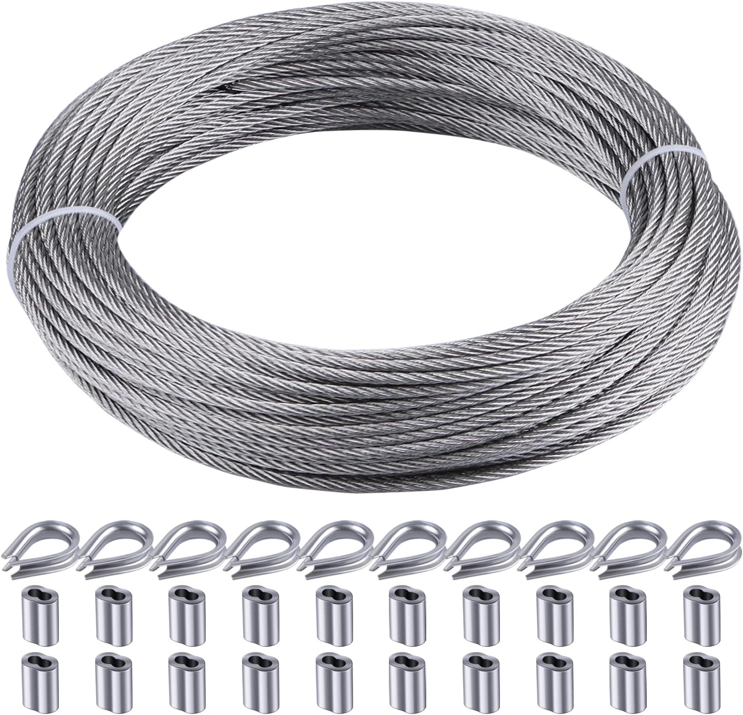 Rectoo 1/8" wire cable, 100ft Wire Rope Metal Cable With Loop Sleeve And Steel Thimble, 7x7 marine stainless steel Strand Core Perfect For Deck Railing System, Outdoor hanging kit, garden fence (SR03)