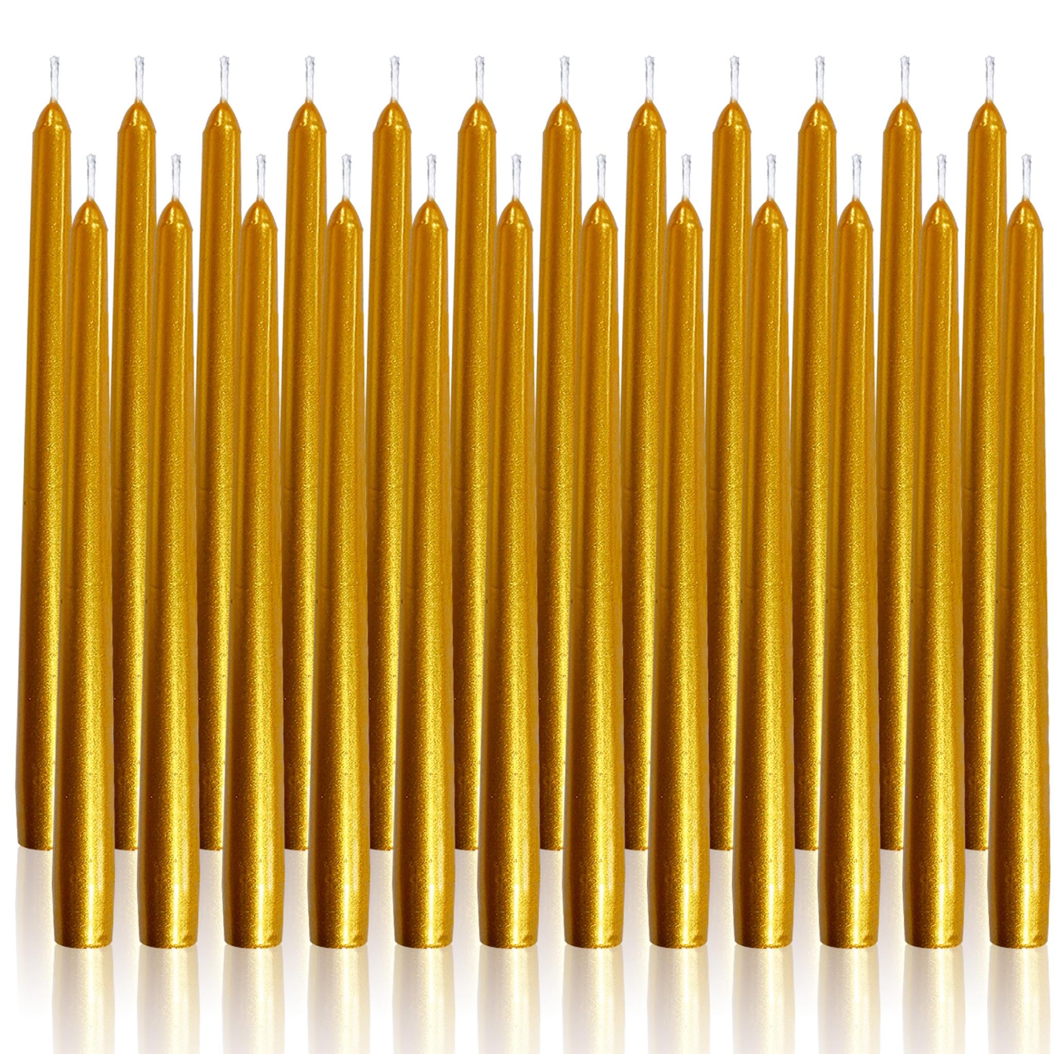OSHINE Confezione da 24 candele coniche dorate, candele lunghe 25,4 cm, antigoccia, non profumate, senza fumo e di emergenza, 7 ore di combustione, candele alte ideali per matrimoni, cene, feste