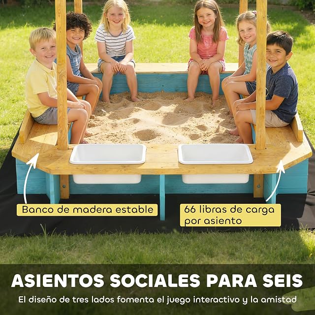 Foto 4 de 8 de AIYAPLAY Arenero para Niños de Madera con Techo Forro 128x118x121 cm Azul