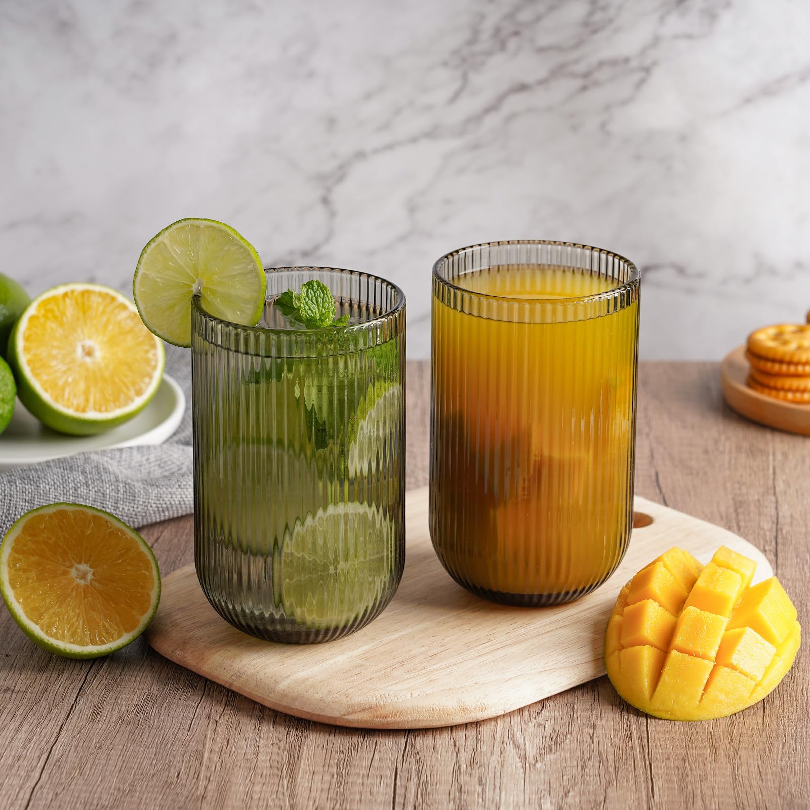 TKNO Gerippte Highball-Gläser, hoch, für Wasser, Gin, Saft, Cocktail, Trinkgläser, Origami-Stil, geriffelt, ideal für Zuhause, Restaurant, Veranstaltungen und Partys, 6 Stück