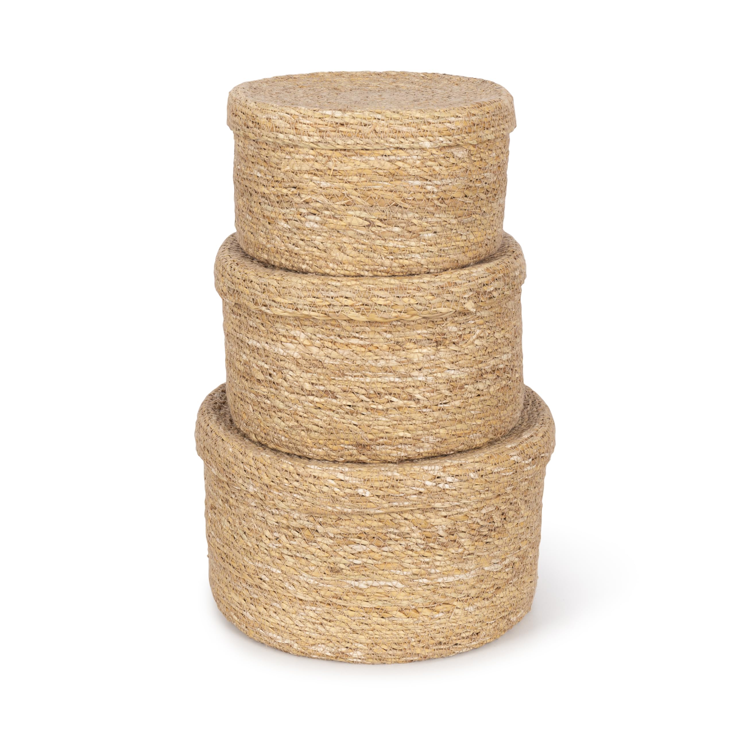 Olly & Rose Lot de 3 paniers de rangement en jonc de mer naturel avec couvercles – Durable 25, 22, 19 cm, décoration d'intérieur de qualité supérieure